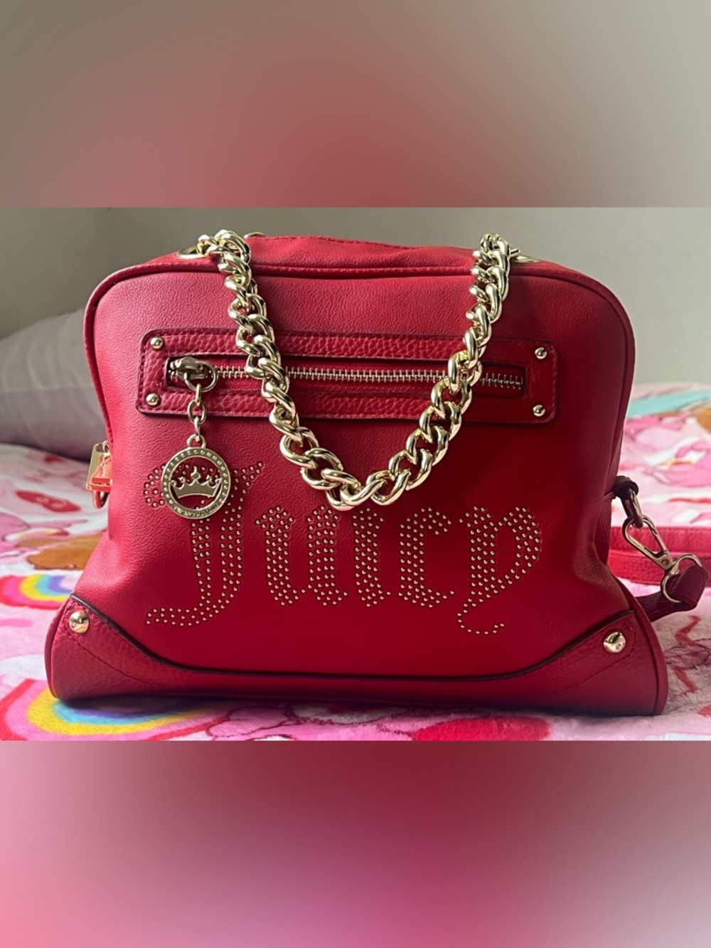 Juicy Couture Red Crossbody Bag with Gold Chain Top Handles and Studded Logo